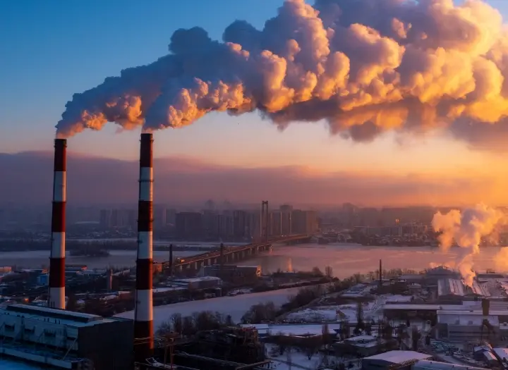 An industrial area showing carbon emission and remanufacturing sustainability to prevent greenhouse gases